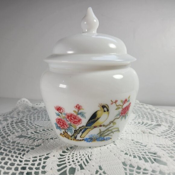 Avon Dynasty Milk Glass Candle Holder Bird on Branch with Flowers Vintage 1980s - Picture 1 of 14